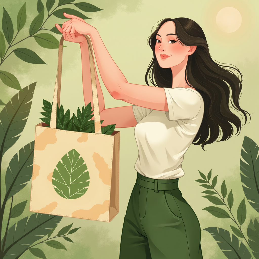 a eco friendly bag cover picture, a beautiful woman hanging a eco bag with smile. need to be General style