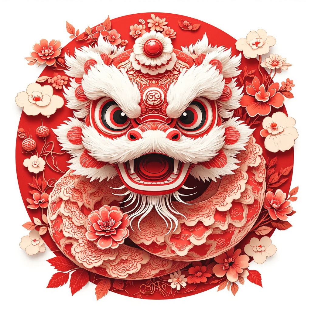 紅色剪紙，帶著醒獅帽子的可愛小蛇，傳統(tǒng)紋樣，新年主題，矢量風(fēng)，白色背景